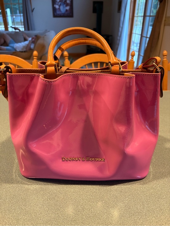 Dooney & Bourke Handbags - Dooney & Bourke Hot Pink Patent Satchel with Tan Trim